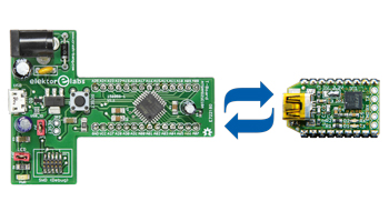 T-Board 28 en USB-FT232R BoB gekoppeld